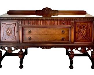 Vintage Rockford Jacobean Style Black Walnut Sideboard Buffet With Carved Details
