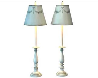 Pair Of Vintage French Style Toleware Table Lamps In Cream And Green