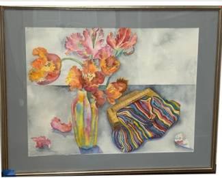 Watercolor Painting Silk Purse And Parrot Tulips