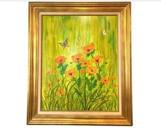 Orange Flowers And Butterflies On Green Background