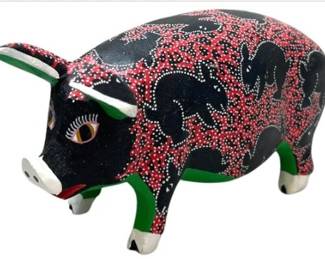 Mexican Folk Art Hand Carved And Painted Wooden Pig