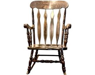 Vintage Dark Wood Rocking Chair With Spindle Back And Turned Legs