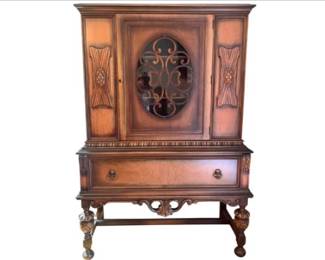 Vintage Rockford Black Walnut China Cabinet With Fretwork, Burl Wood & Art Deco Details - Signed Rockford