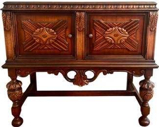 Jacobean Rockford Carved Black Walnut Sideboard Buffet With Ornate Details And Bobbin Legs