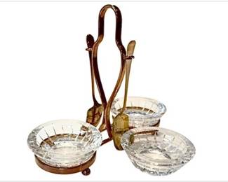 Val Saint Lambert Crystal Condiment & Jam Caddy With Gilt Finish - Signed
