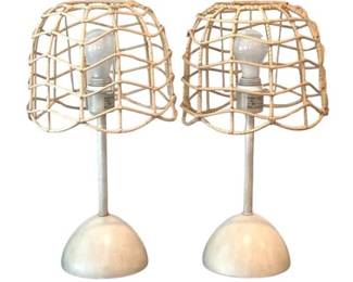 Pair Of Rattan Dome Table Lamps With Off-White Base