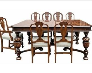 Vintage Rockford Jacobean Style Dining Table & 6 Chairs With Table Leaves & Storage Sleeve