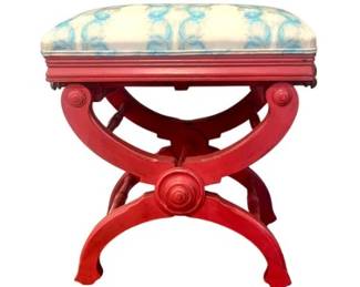 Vintage Curule Base Piano Bench With Custom Upholstered Seat & Turned Legs