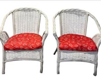 Pair Of Vintage White Wicker Armchairs With Red Patterned Cushions