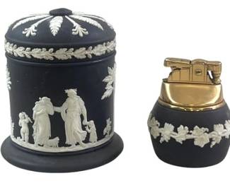 Vintage Wedgwood Black Jasperware Lidded Cigarette Jar And Matching Lighter