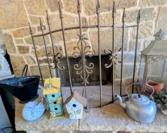 Iron fireplace gate, birdhouses