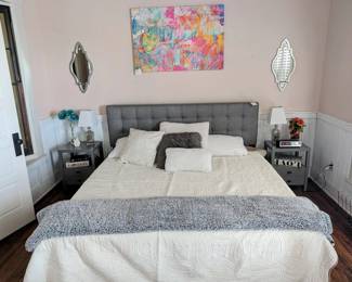 Tufted gray king size headboard and bed