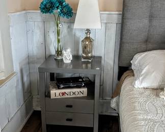 Gray night stand, lamp