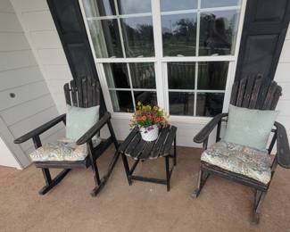 Wood adirondack chairs, table