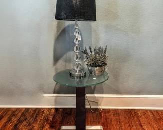 End table - glass and metal, glass base lamp