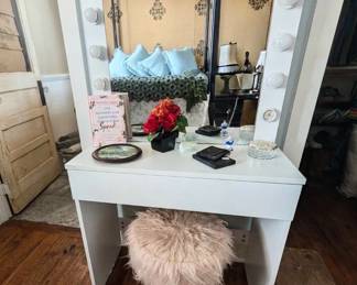 White lighted, vanity, stool, etc