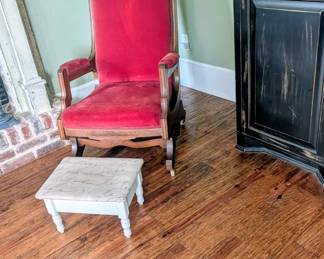 Antique red velvet rocker, footstool