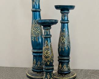 Teal & gold wooden candle holders ,