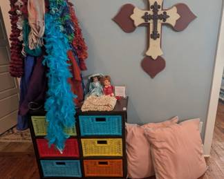 Bedroom storage, feather boas, pillows