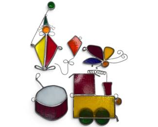 5 Colorful Stained Glass Suncatchers Drum, Train, Wizard, Kite,  Butterfly