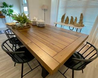 table with 6 black chairs, nativity set, china,