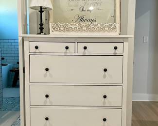 white chest of drawers, window, lamp