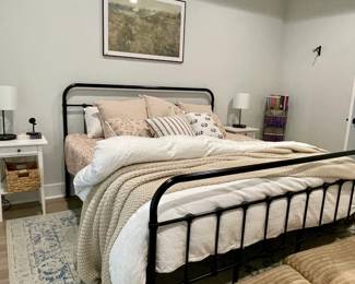 king sized bed,, white night stands, dog beds, harlequin romance