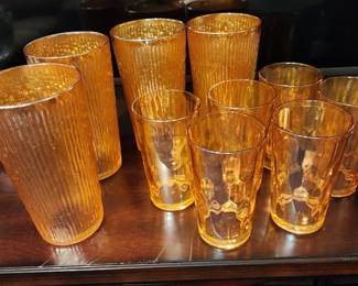  Jeannette Marigold Carnival Glass Tumblers in a rich ambe