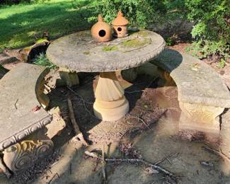  Stone garden table with two curved benches