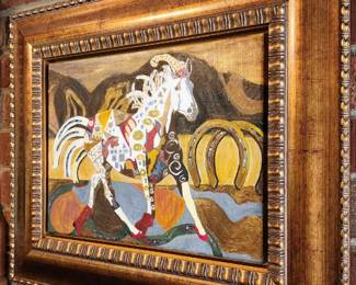  Framed piece of artwork depicting a stylized white horse