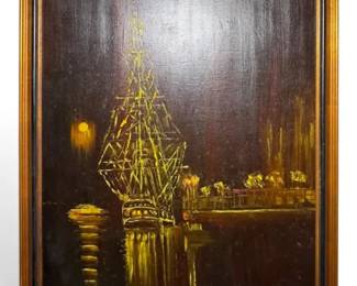 Vintage Midnight Sailing Ship Oil Painting. Signed By Artist 23 x27