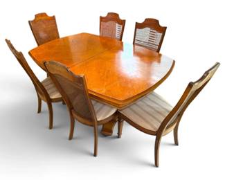 Vintage Wooden Dining Table w Cane Back Chairs Leaf
