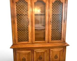 Vintage Lattice Front Wood China Cabinet W Light