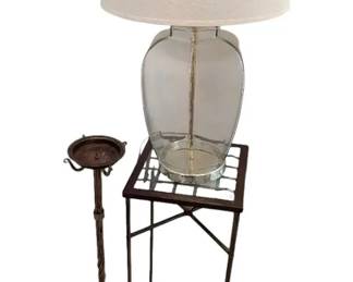 Painted Metal Glass Pedestal Table W Lamp Matching Candleholder