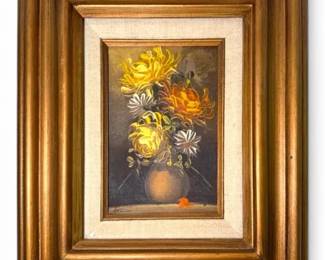 Vintage Floral Oil Painting in Wooden Frame, Signed by Artist