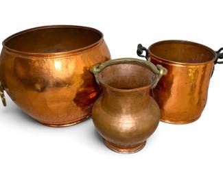Hammered Copper Pots Planters w Brass Handles