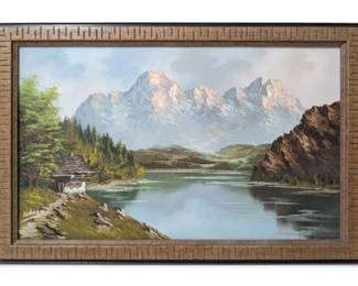 Scenic Lakeside Cabin Oil Painting, Signed By Artist