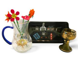Gold Handpainted Glassware, Blown Glass Flowers, Longwy Ceramic Tray