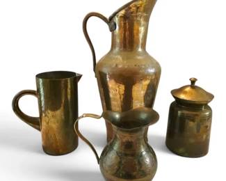 Brass CopperToned Pitchers and Lidded Canister