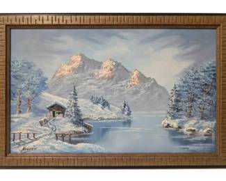 Winter Cabin Lake Oil Painting, Signed By Artist