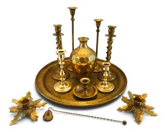 Ornate Brass Tray, Candlesticks, Vase, Snuffer