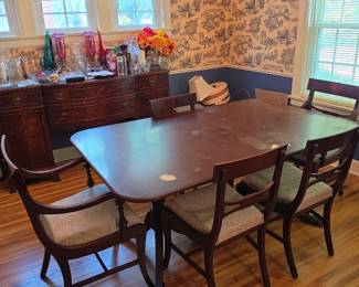 1930's Mahogany Flame Dining Table w/ 5 chairs - brass clawfeet