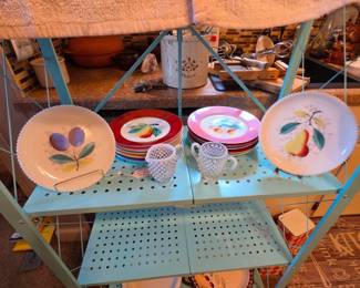 Decorative plates and hobnail cream and sugar set