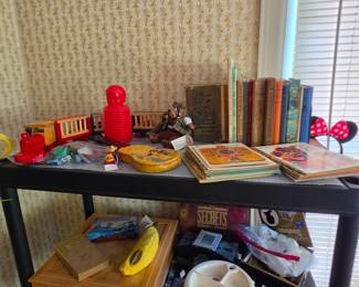 Vintage kids toys and books including wood train