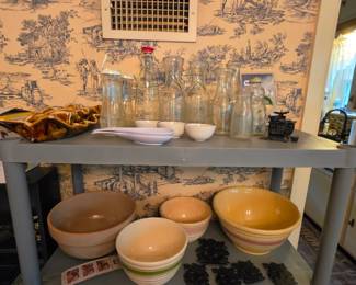 Clay and stoneware bowls, bintage milk bottles