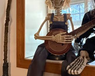 Animated Musical Scarecrow Skeleton with Banjo Decoration