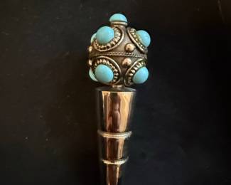 Vintage Sterling Silver and Turquoise Key Brooch Pin