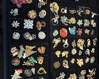 Collection of Assorted Vintage Costume Jewelry Brooches, including signed pieces by Crown Trifari, Marvella, and Weissco