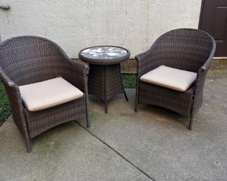 3-Piece Wicker Bistro Set with Cushions and Glass Top Table