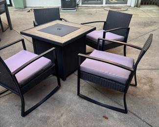 5-Piece Wicker and Metal Patio Fire Pit Set with Light Purple Cushions